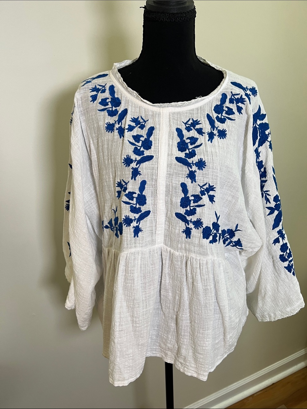 Olivaceous White Peasant Tunic with Blue Floral Embroidery